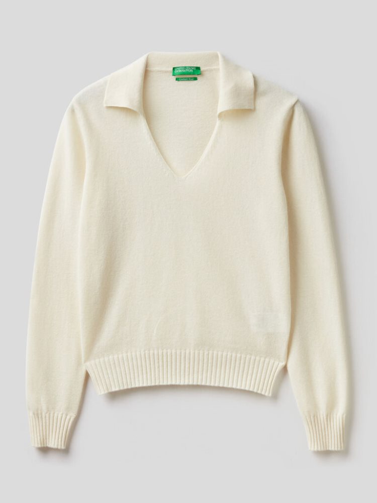 Benetton Wol And Cashmere V-neck Sweaters Dames Wit | BE755777