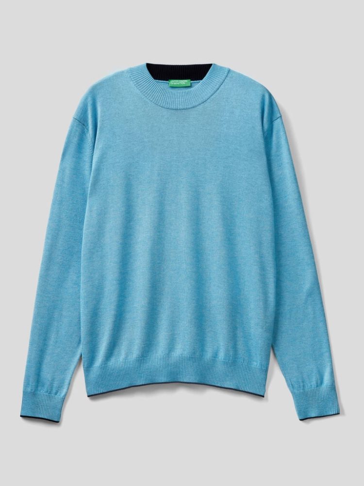 Benetton Wol And Viscose Blend Crew Neck Sweaters Heren Blauw | BE887202