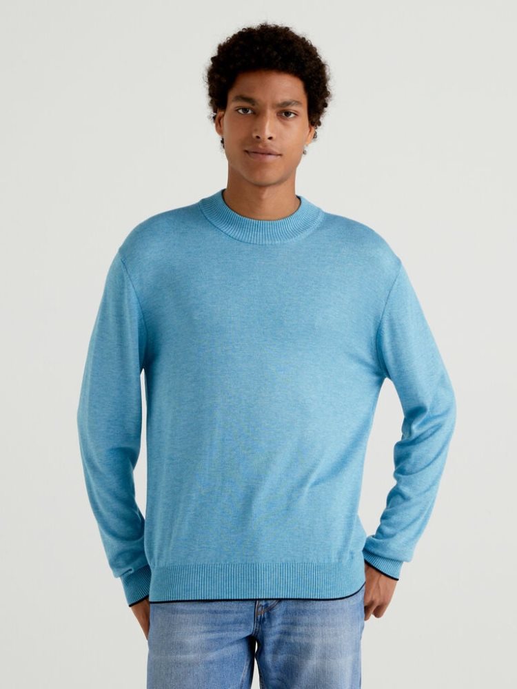 Benetton Wol And Viscose Blend Crew Neck Sweaters Heren Blauw | BE887202