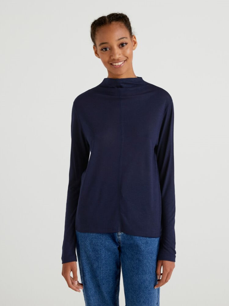 Benetton Wol And Viscose Blend Long Sleeve T-shirts Dames Donkerblauw | BE066797