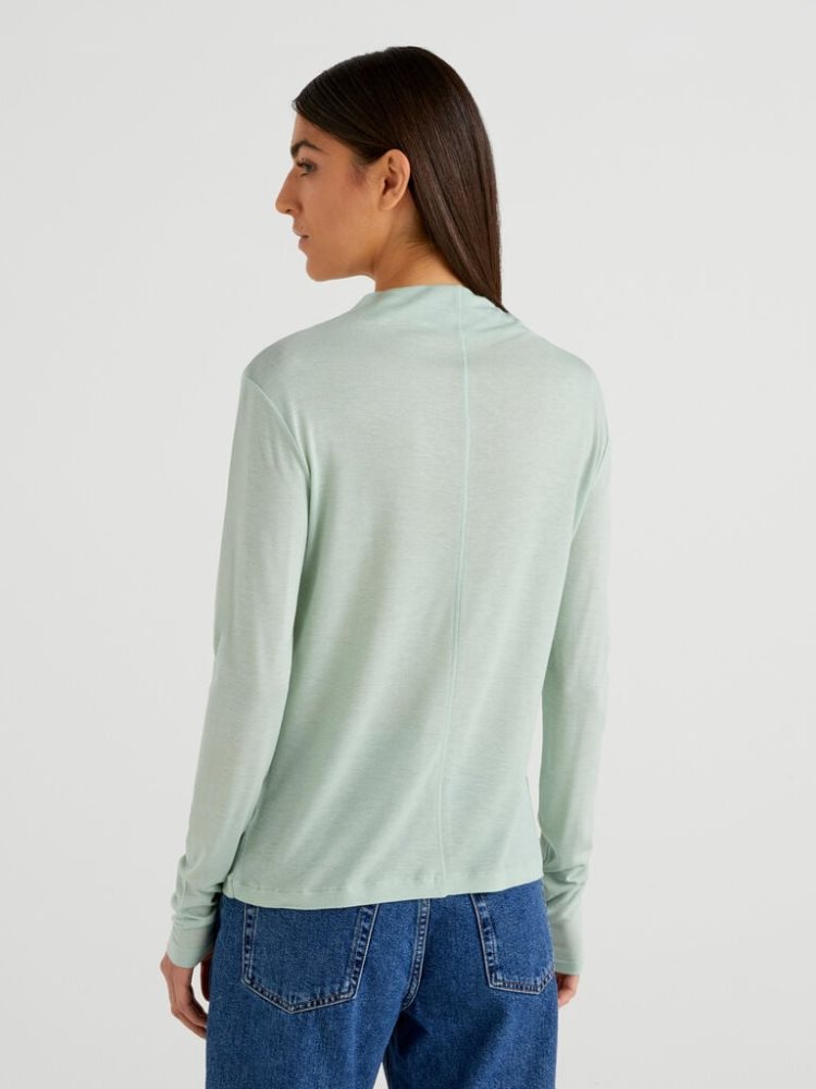 Benetton Wol And Viscose Blend Long Sleeve T-shirts Dames Aqua | BE418350