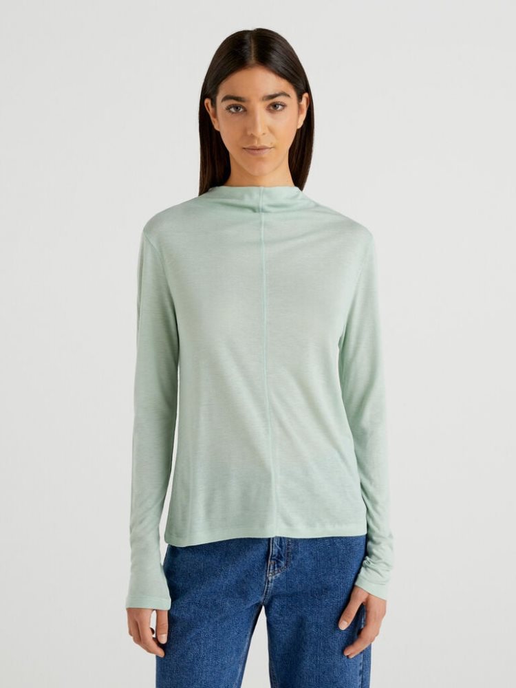 Benetton Wol And Viscose Blend Long Sleeve T-shirts Dames Aqua | BE418350