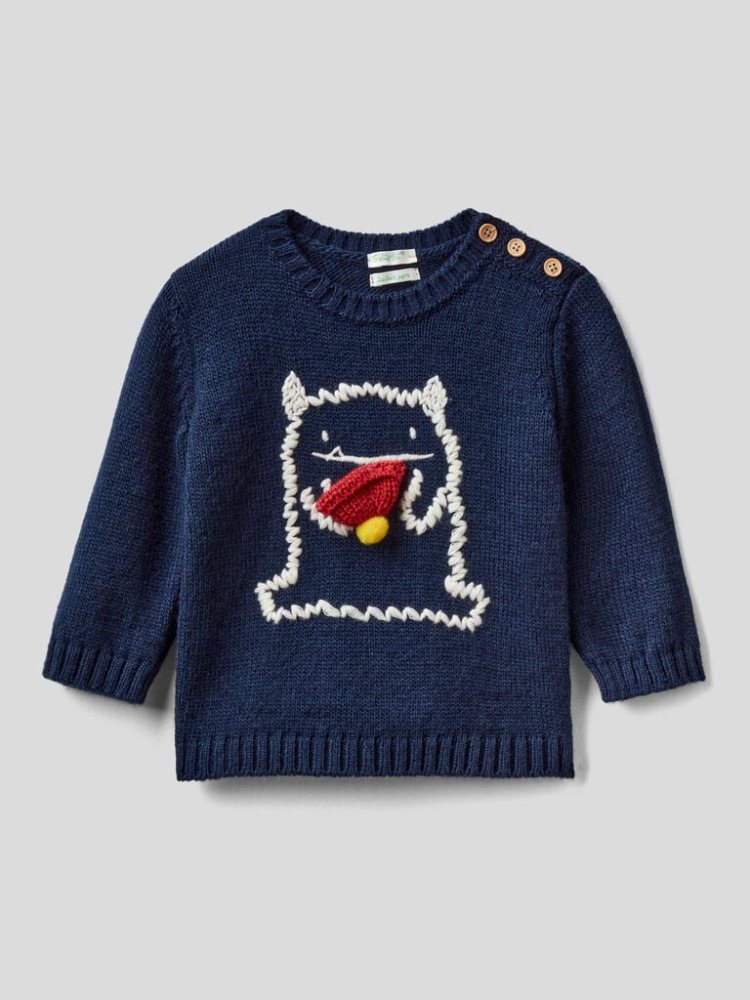 Benetton Wol Blend Embroidery Truien Kinderen Donkerblauw | BE258590