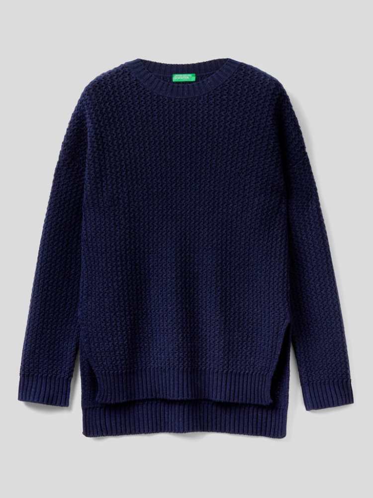 Benetton Wol Blend Slits Crew Neck Sweaters Dames Donkerblauw | BE626892