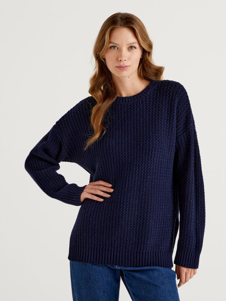 Benetton Wol Blend Slits Crew Neck Sweaters Dames Donkerblauw | BE626892