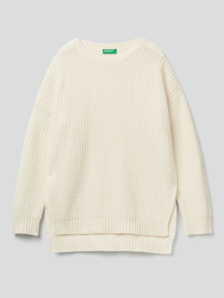 Benetton Wol Blend Slits Crew Neck Sweaters Dames Wit | BE993305