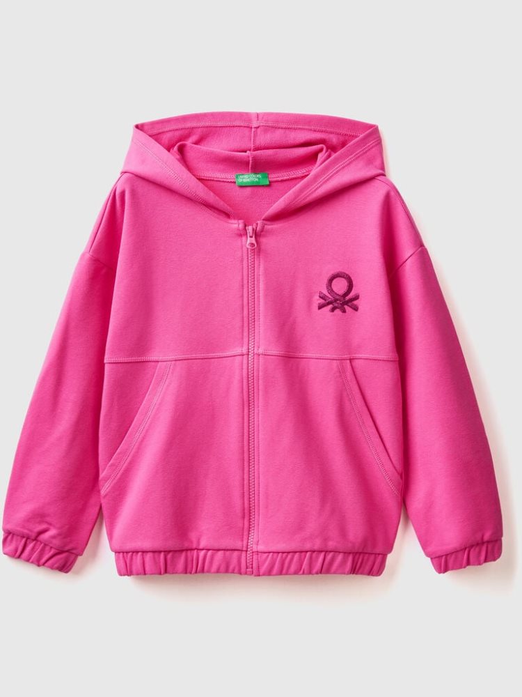 Benetton Zip And Embroidered Logo Hoodie Kinderen Fuchsie | BE045300