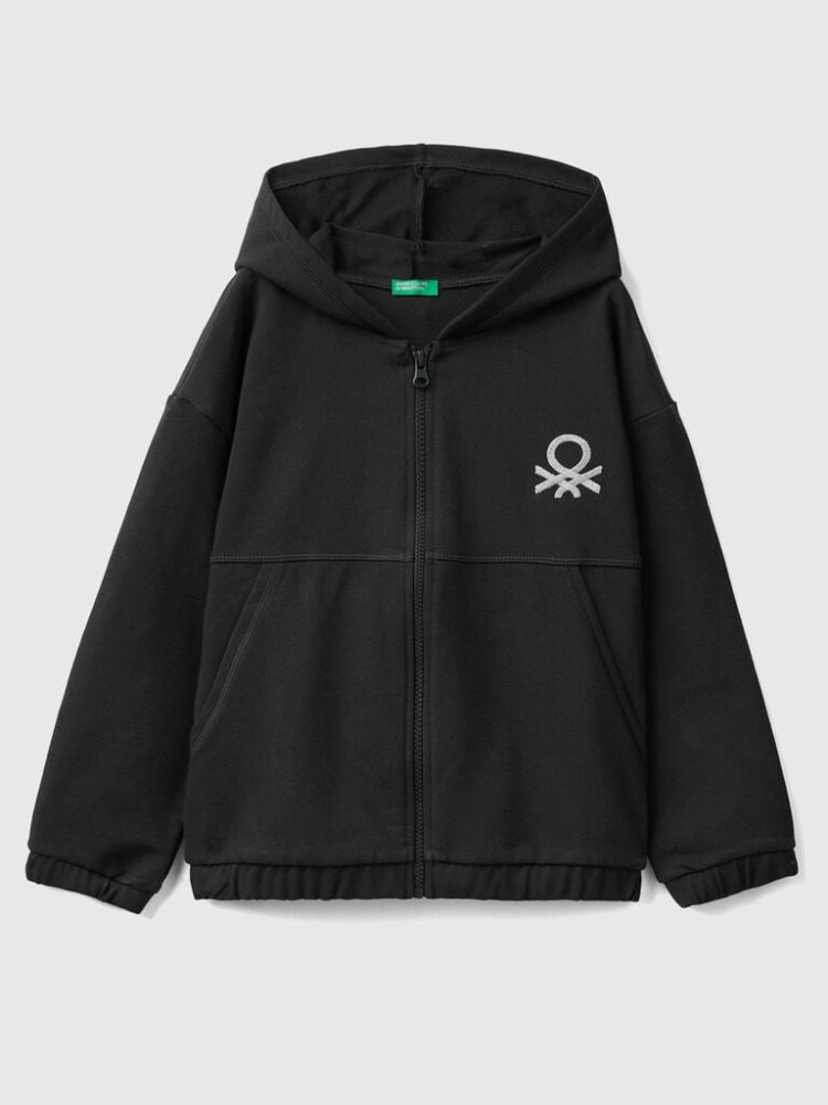 Benetton Zip And Embroidered Logo Hoodie Kinderen Zwart | BE806587