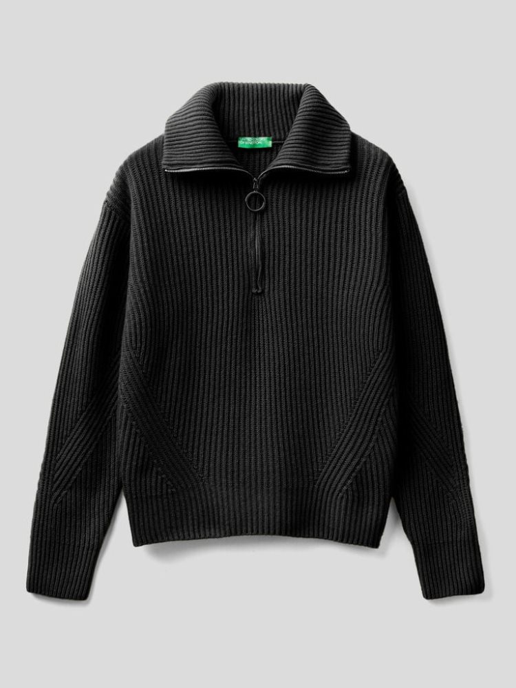 Benetton Zip Opening V-neck Sweaters Dames Zwart | BE073891