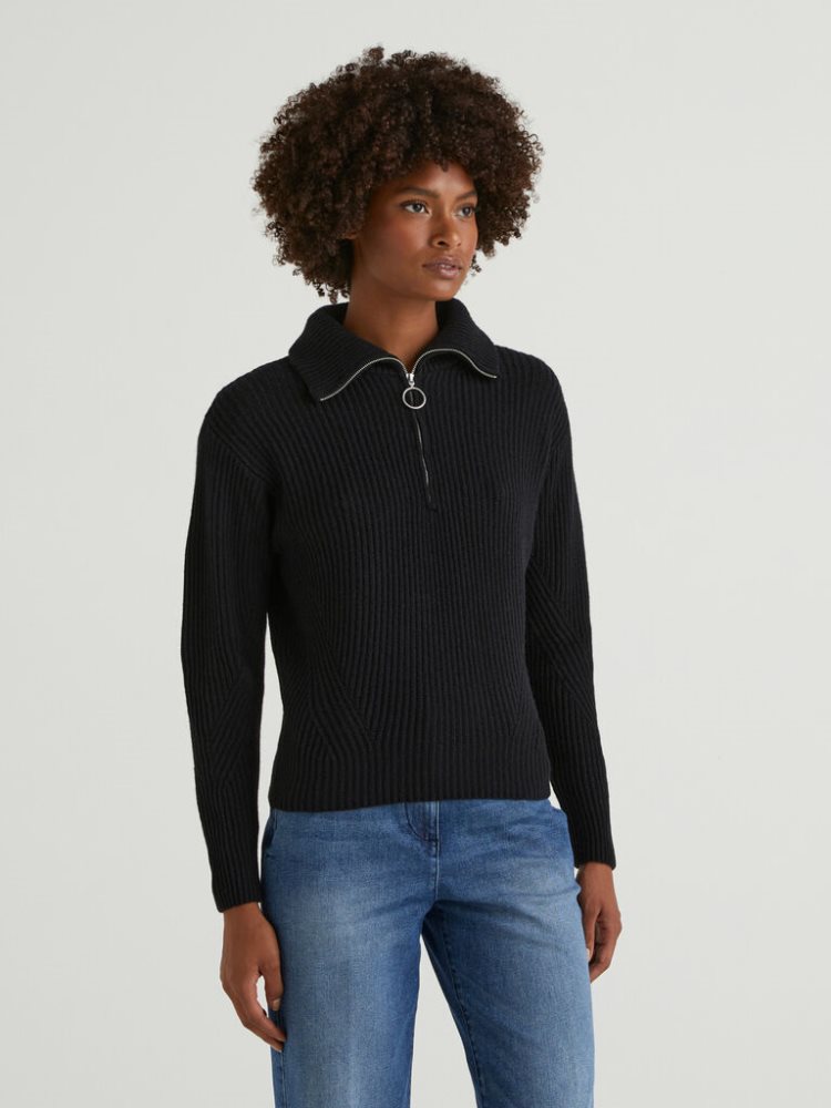 Benetton Zip Opening V-neck Sweaters Dames Zwart | BE073891